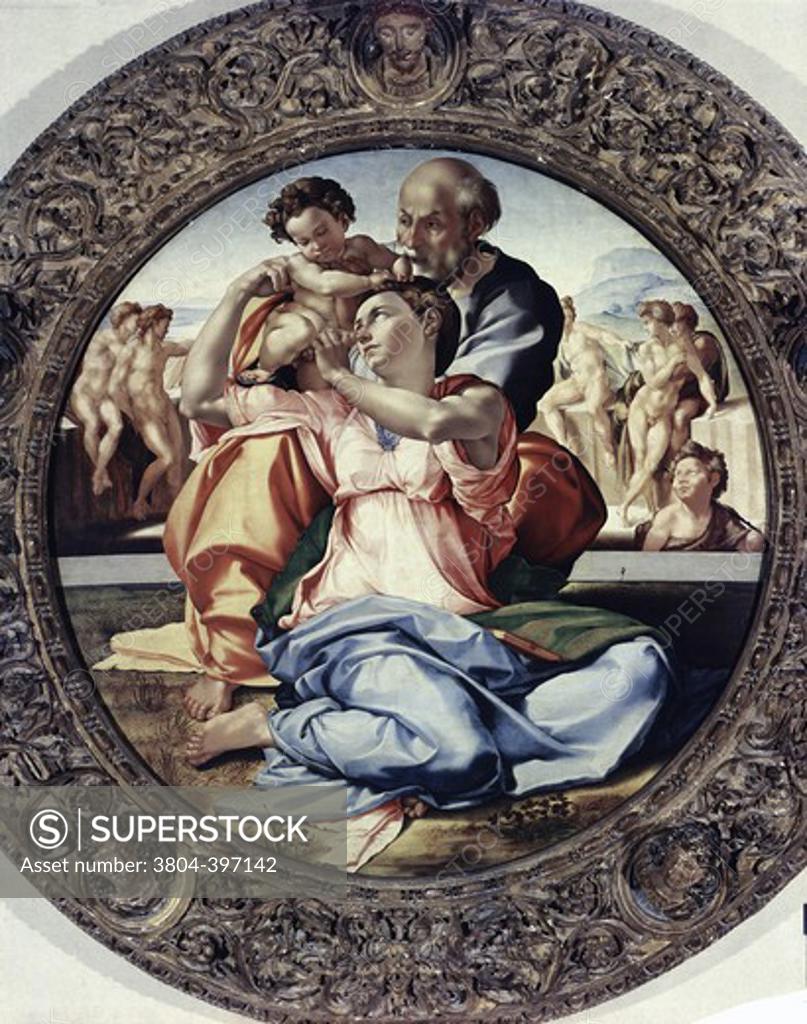 Stock Photo: 3804-397142 The Holy Family With the Infant St. John the Baptist (Doni Tondo) 1506 Michelangelo Buonarroti (1475-1564 Italian)  Tempera on panel Galleria degli Uffizi, Florence, Italy 