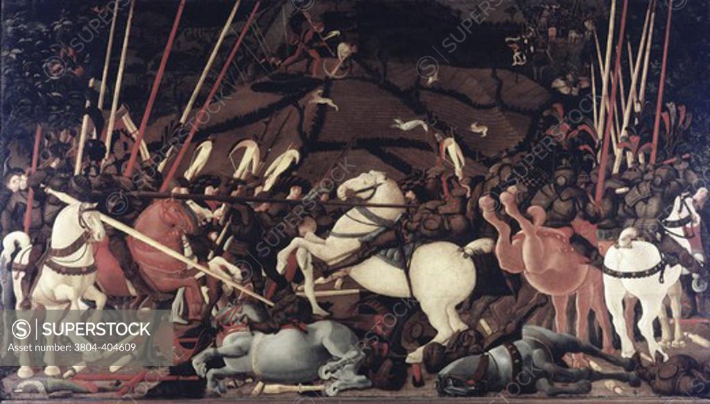 Stock Photo: 3804-404609 Battle of San Romano ca. 1455 Paolo Uccello (Paolo di Dono)(1397-1475 Italian) Tempera on wood panel Galleria degli Uffizi, Florence, Italy 