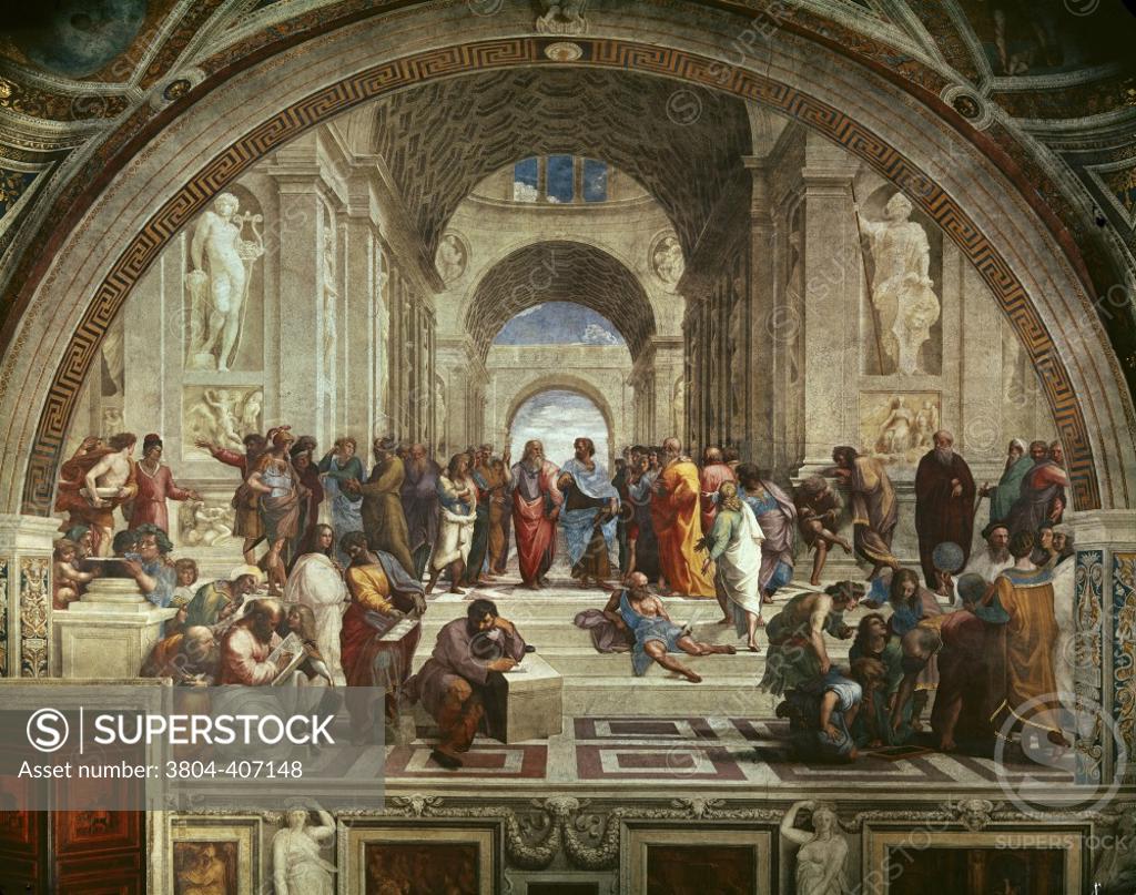 Stock Photo: 3804-407148 The School of Athens  1509-11 Raphael (1483-1520 Italian)  Fresco Stanza della Segnatura, Palazzi Pontifici, Vatican City