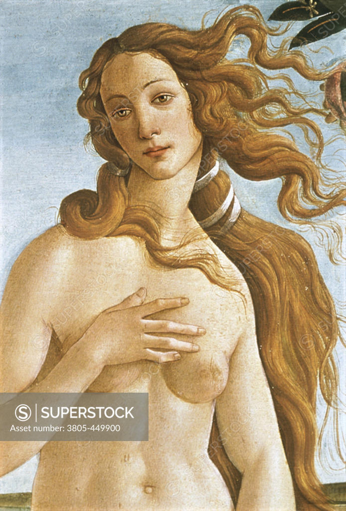 Stock Photo: 3805-449900 The Birth of Venus (Detail) ca.1485 Sandro Botticelli (1444-1510/Italian) Tempera on canvas Galleria degli Uffizi, Florence