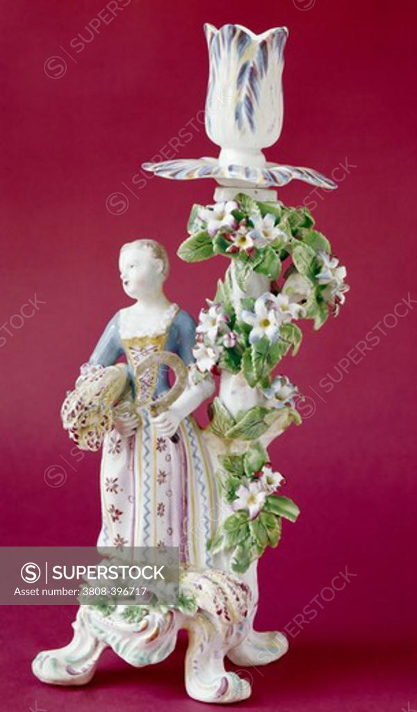 Stock Photo: 3808-396717 Candlestick with Figurine, Bow Porcelain, circa 1760, UK, London, London Museum