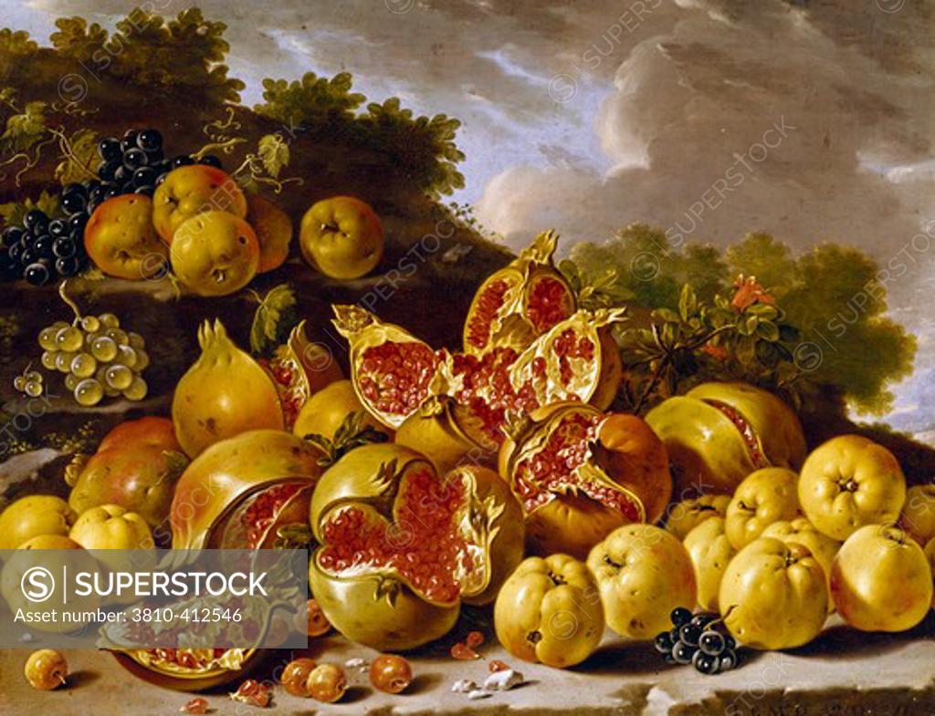 Stock Photo: 3810-412546 Spain, Madrid, Museo del Prado, Bodegon Style, Still Life with Pomegranates, Apples, Azaroles and Grapes in a Landscape by Luis Egidio Melendez, oil on canvas, 1771, (1716-1780)