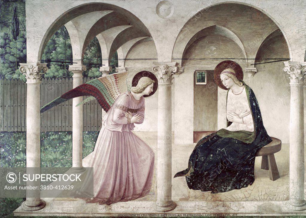 Stock Photo: 3810-412639 The Annunciation 1438-1445 Fra Angelico (ca.1395-1455 Italian) Fresco Museo di San Marco, Florence, Italy 