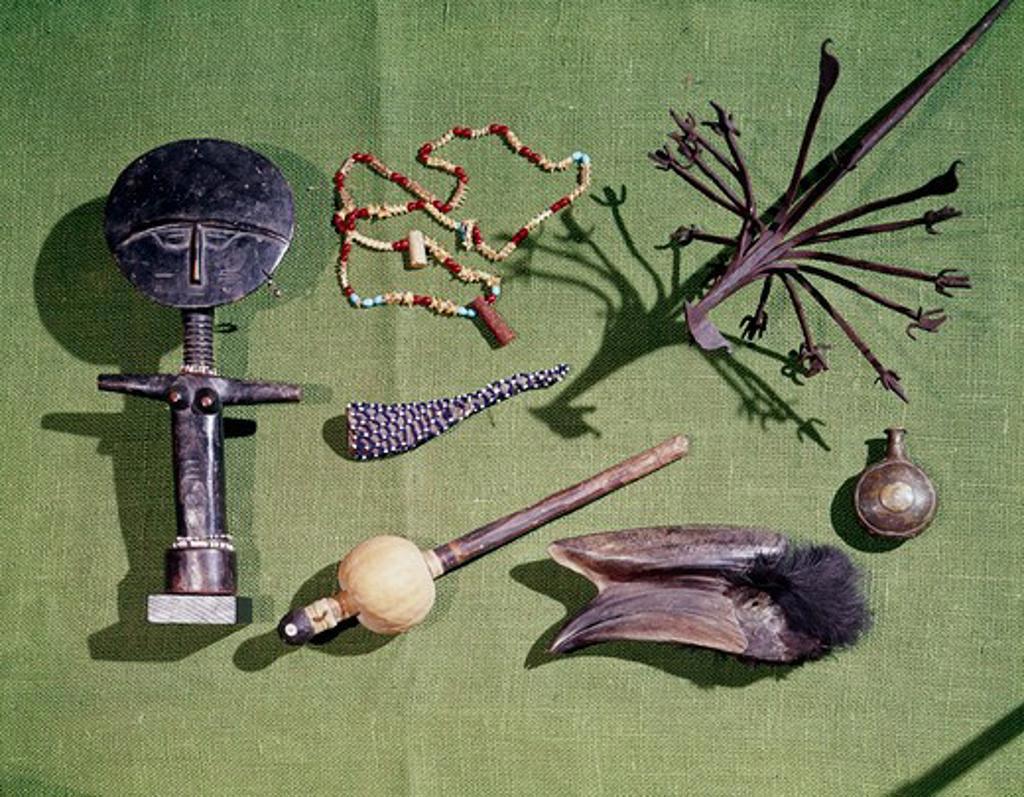 Triba Artifacts: Ashanti Doll, Zulu Horn & Necklace, Yoruba Iron Instrument & Flasks, Cameroon African Art 