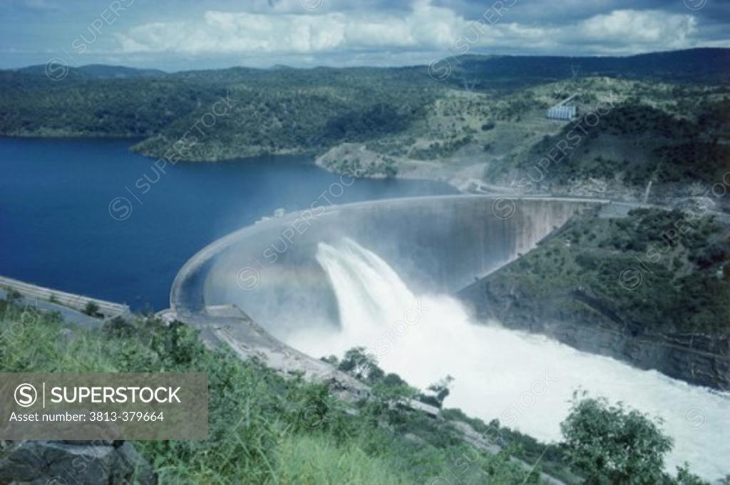 Stock Photo: 3813-379664 Panoramic view of a Dam Wall, Lake Kariba, Zambia-Zimbabwe Border