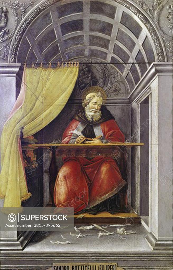 Stock Photo: 3815-395662 Saint Augustine in His Study 1490-5 Sandro Botticelli (1444-1510 Italian) Tempera on wood Galleria degli Uffizi, Florence, Italy