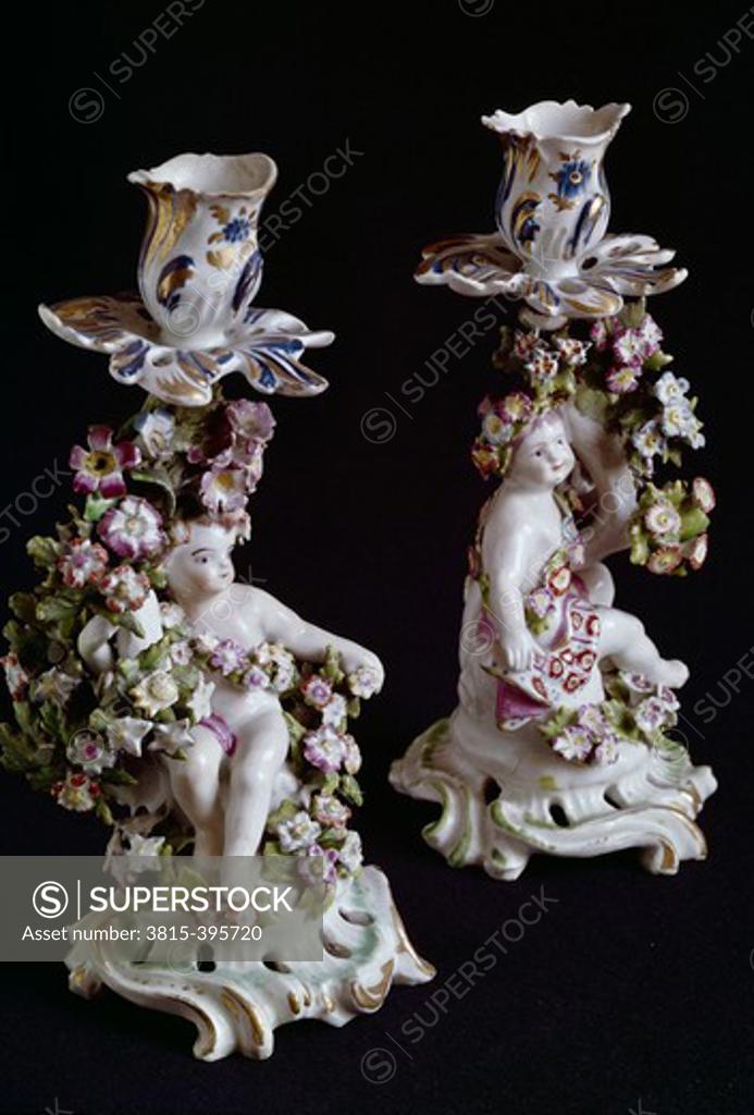 Stock Photo: 3815-395720 Candlesticks, Bow Porcelain-Shanzi Zhang, 1760, UK, London, London Museum
