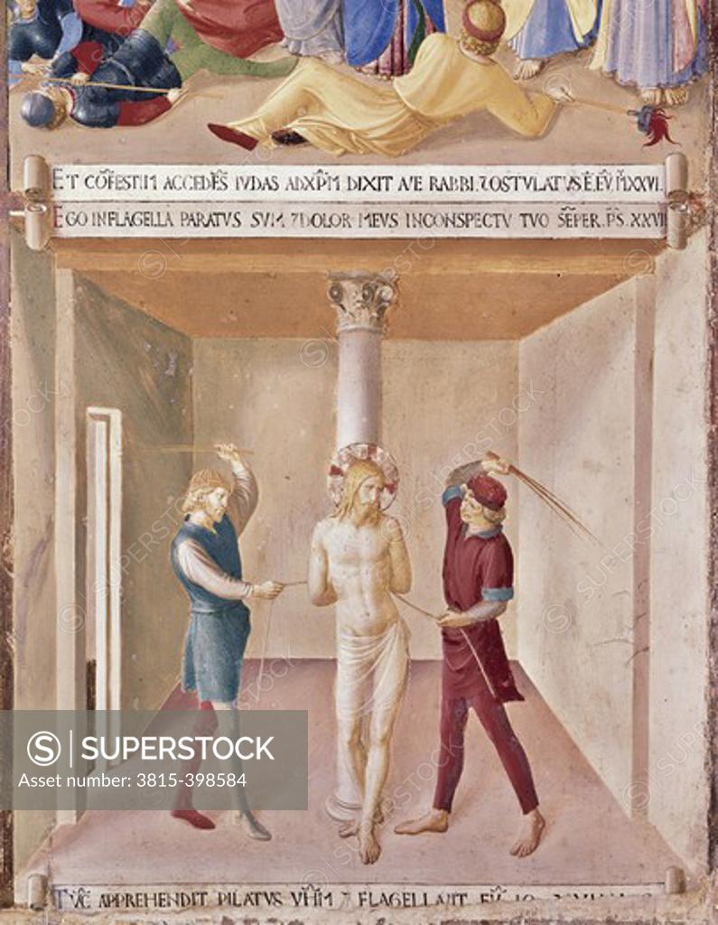 Stock Photo: 3815-398584 Christ is Beaten, The Flagelation  (From the Life of Christ Fresco Cycle) 1438-1445 Fra Angelico (ca.1395-1455 Italian) Fresco Museo di San Marco, Florence, Italy