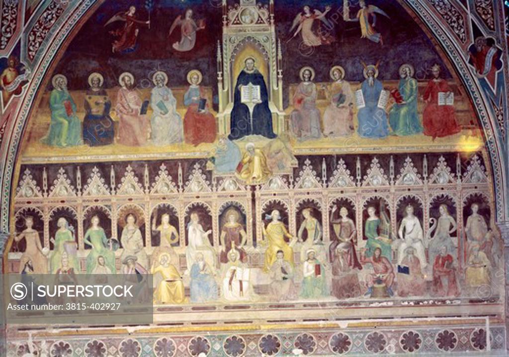 Stock Photo: 3815-402927 Saint Thomas Aquinas Enthroned Between Doctors of Old and New Testaments by Andrea di Bonaiuti,  (d.1355)