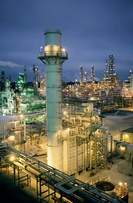 Oil Refinery lit up at night, Texas, USA