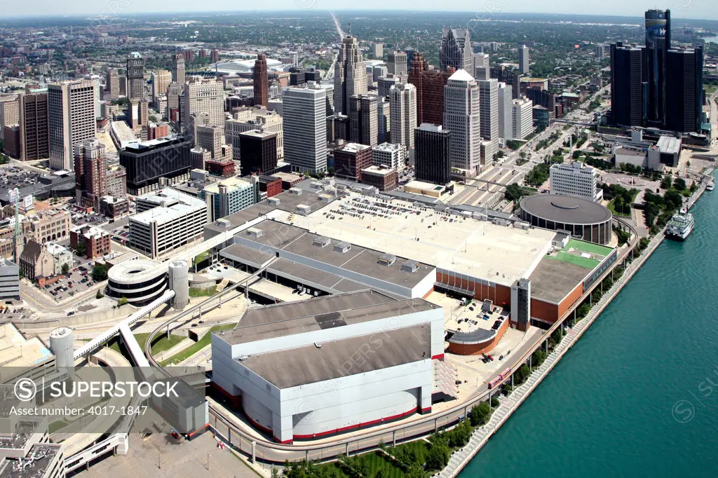 Aerial of the Joe Louis Arena with the Detroit River and peoplemover in the  Foreground, Stock Photo, Picture And Rights Managed Image. Pic.  SSB-4017-1822