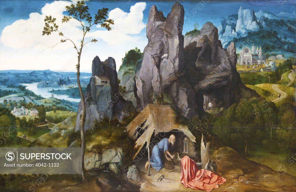 Stock Photo: 4042-1132 St Jerome in the desert, painting by Joachim Patinir, France, Paris, Musee du Louvre