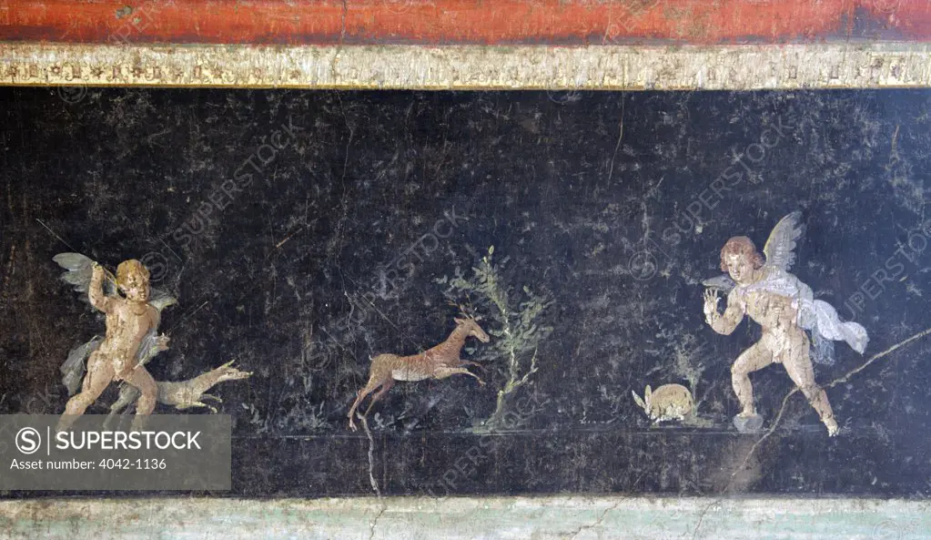 Predella with Cupids hunting fawn and hare with help of dog, fresco, Italy, Naples, National Archeological Museum