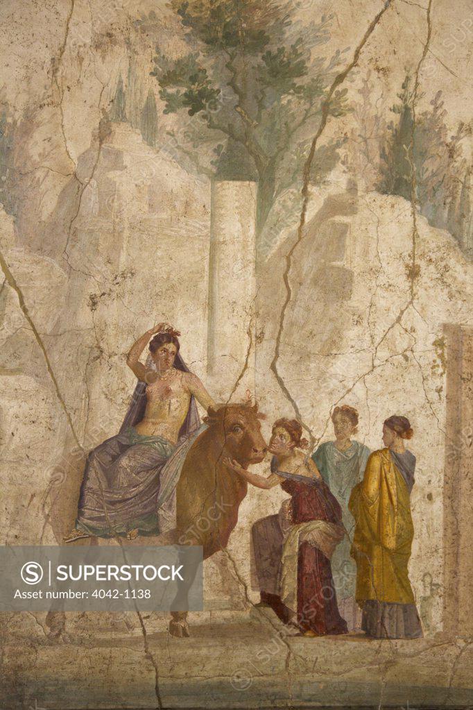 Stock Photo: 4042-1138 Europa riding Zeus disguised as bull, fresco from House of Jason, Italy, Naples, National Archeological Museum