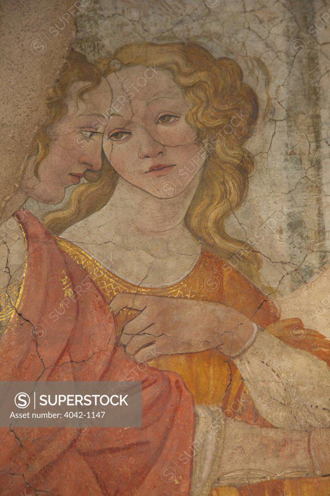 Stock Photo: 4042-1147 Detail of Venus and Three Graces offering presents to young girl, fresco by Sandro Botticelli, (1483-1485) France, Paris, Musee du Louvre