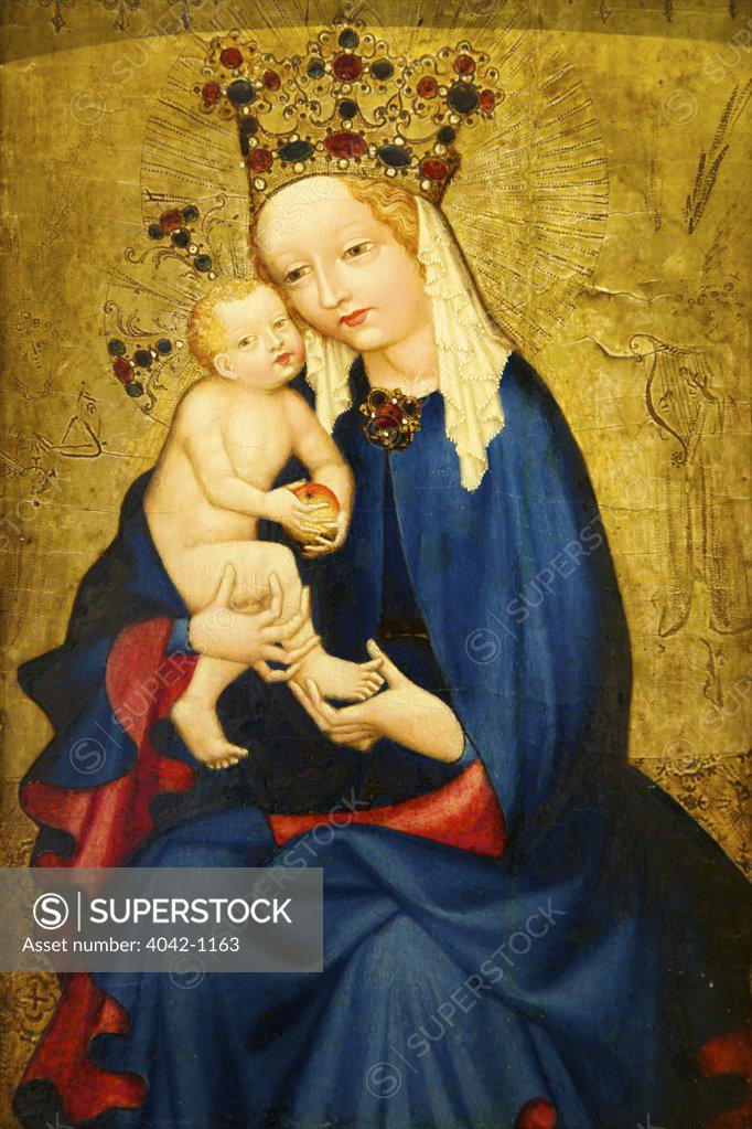 Stock Photo: 4042-1163 Virgin Mary and infant Jesus holding an apple by Denis Bellechose, France, Paris, Musee du Louvre