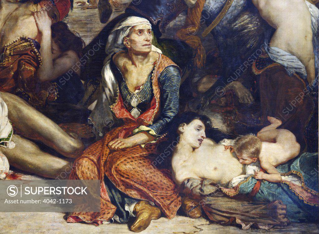 Stock Photo: 4042-1173 Massacre of Scio, detail with Greek families attend to the wounded or dead, by Eugene Delacroix, 1824, France, Paris, Musee du Louvre