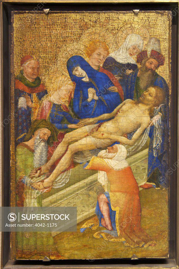 Stock Photo: 4042-1175 Jesus placed in tomb, 15th century French painting, France, Paris, Musee du Louvre