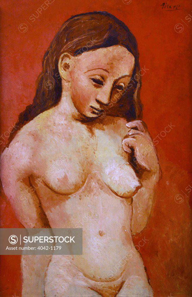 Stock Photo: 4042-1179 Nude with red background by Pablo Picasso, 1906, France, Paris, L'Orangerie Museum