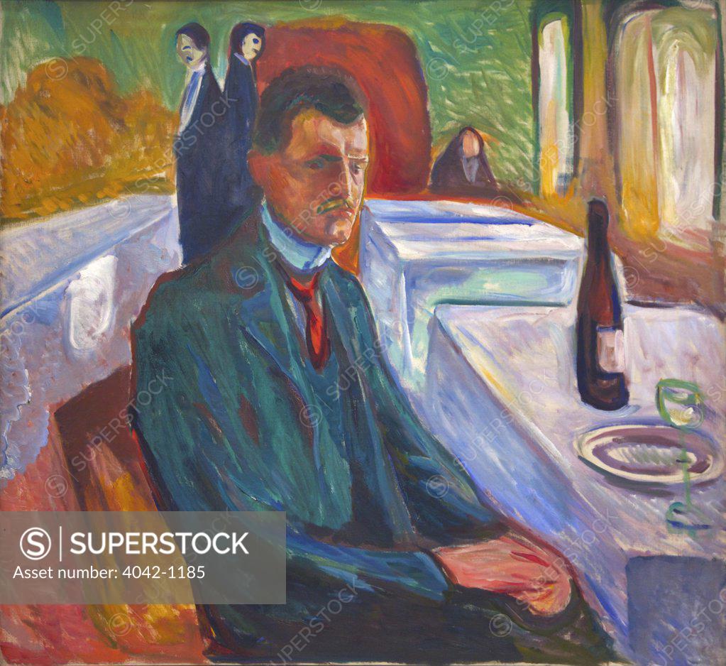 Stock Photo: 4042-1185 Self-portrait with Bottle of Wine by Edvard Munch, 1906, Norway, Oslo, Munch Museum