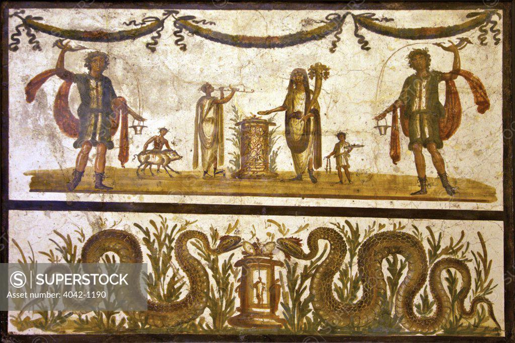 Stock Photo: 4042-1190 Two lares pour wine from drinking horn into bucket, fresco from Pompeii, Italy, Naples, Neapolitan National Archeological Museum