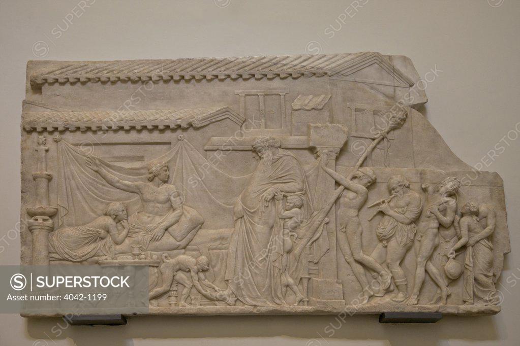 Stock Photo: 4042-1199 Marble relief of Dionysus visiting Icarus, Italy, Naples, Neapolitan National Archeological Museum