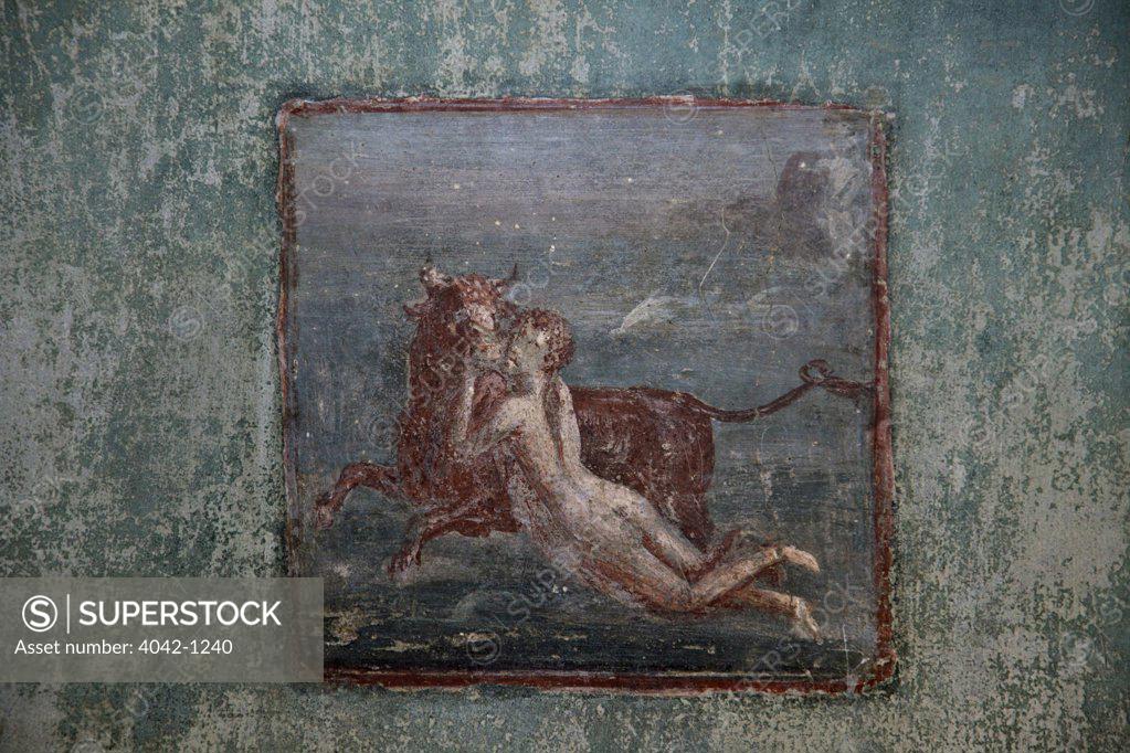 Stock Photo: 4042-1240 Italy, Campania, Naples, Neapolitan Riviera, Herculaneum, fresco depicting jumping bull with naked man