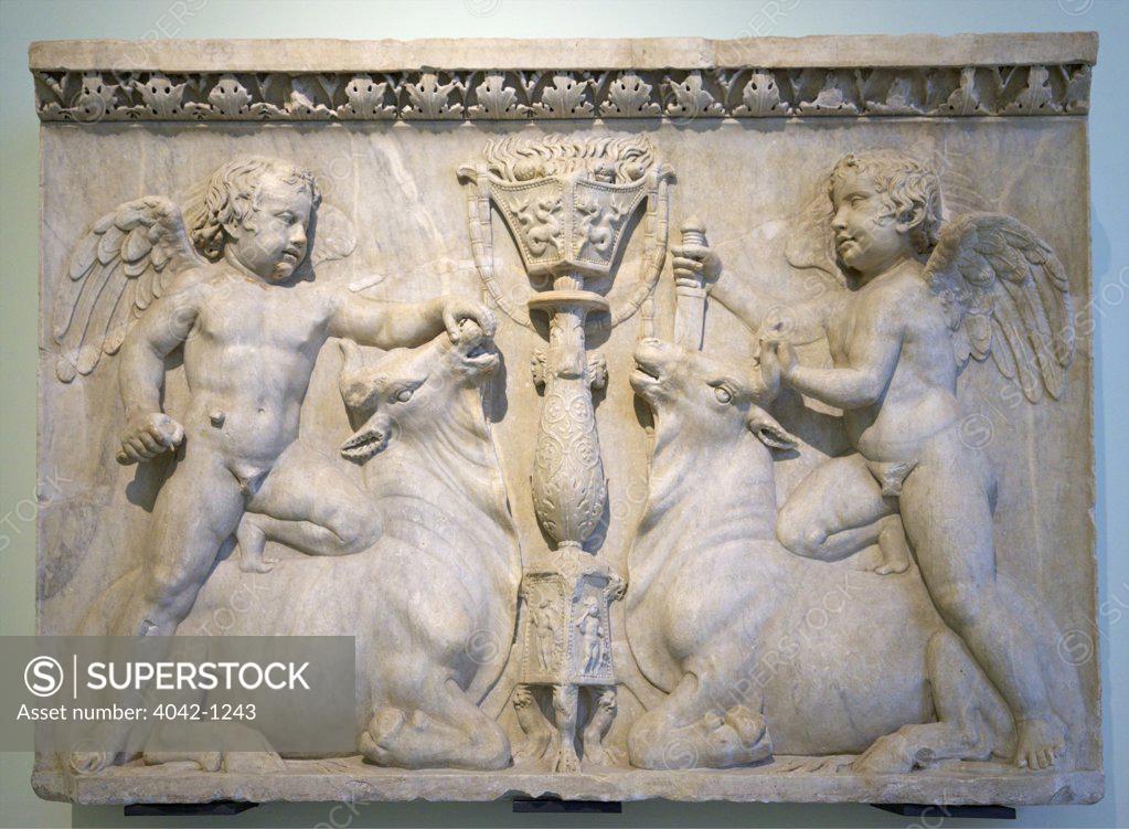 Stock Photo: 4042-1243 Relief with cupids fighting bulls, from Temple of Genetrix, Italy, Naples, National Archaeological Museum,