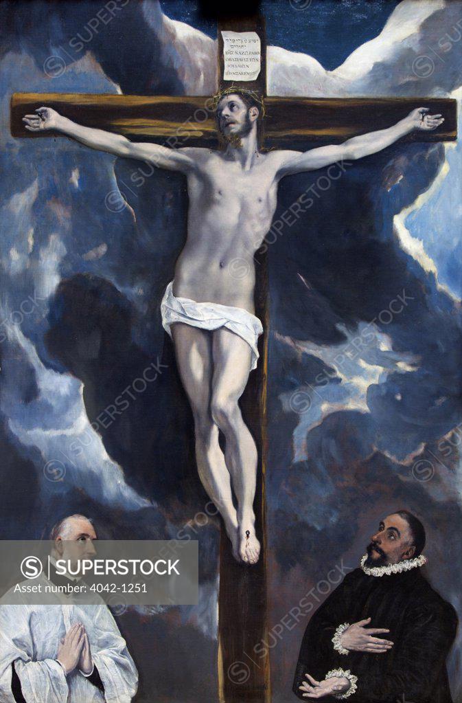 Stock Photo: 4042-1251 Christ On The Cross Adored By Two Donors by El Greco, circa 1590, France, Paris, Musee du Louvre