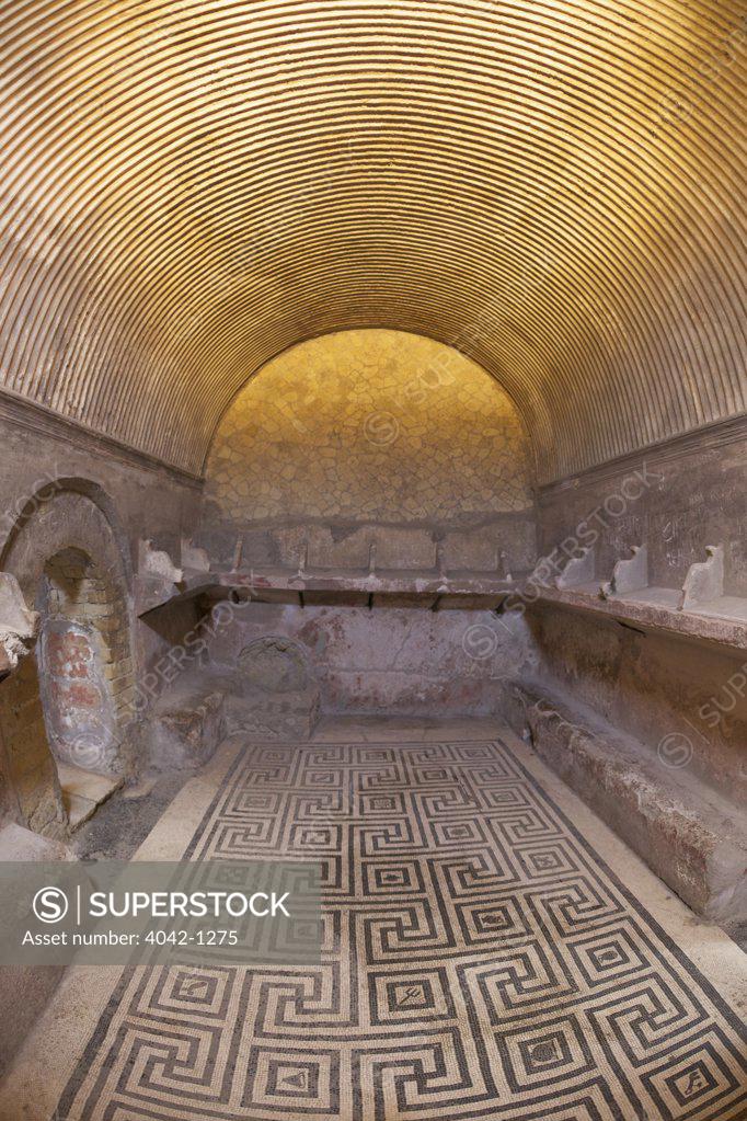Stock Photo: 4042-1275 Italy, Campania, Bay of Naples, Neapolitan Riviera, Roman central baths mosaic and strigilate barrel vault in women's tepidarium