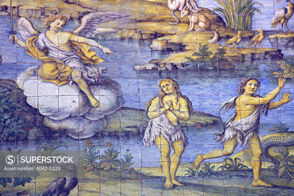 Stock Photo: 4042-1328 Painted majolica representing expulsion form paradise by Leonardo Chiaiese, 1761, Italy, Anacapri, Campania, Church of San Michele Arcangelo
