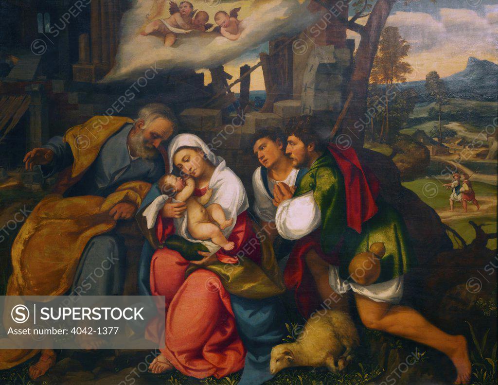Stock Photo: 4042-1377 Adoration of the Shepherds, by Bonifazio de Pitati, Veronese, circa 1520-1540, Birmingham Museum & Art Gallery, England
