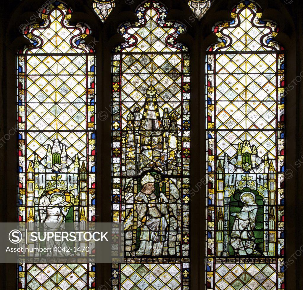 Stock Photo: 4042-1470 14th century medieval stained glass windows in a church, Christ Church, Oxford University, Oxford, Oxfordshire, England