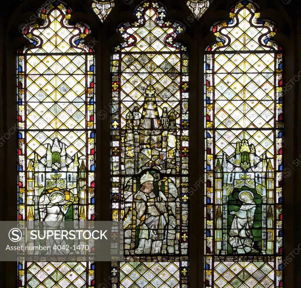 14th century medieval stained glass windows in a church, Christ Church, Oxford University, Oxford, Oxfordshire, England