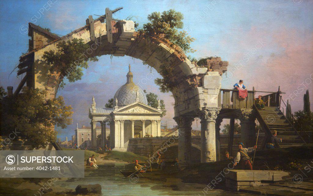 Stock Photo: 4042-1481 Landscape with a Villa seen through a ruined Arch, by Giovanni Antonio Canal, Canaletto, Ashmolean Museum of Art, University of Oxford, Oxfordshire, England
