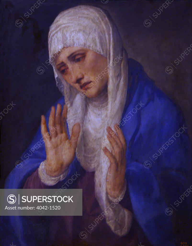 Stock Photo: 4042-1520 Mater Dolorosa, Mother of Sorrow, with her Hands apart by Titian (Tiziano Vecellio), 1555, Spain, Madrid, Museo Nacional del Prado