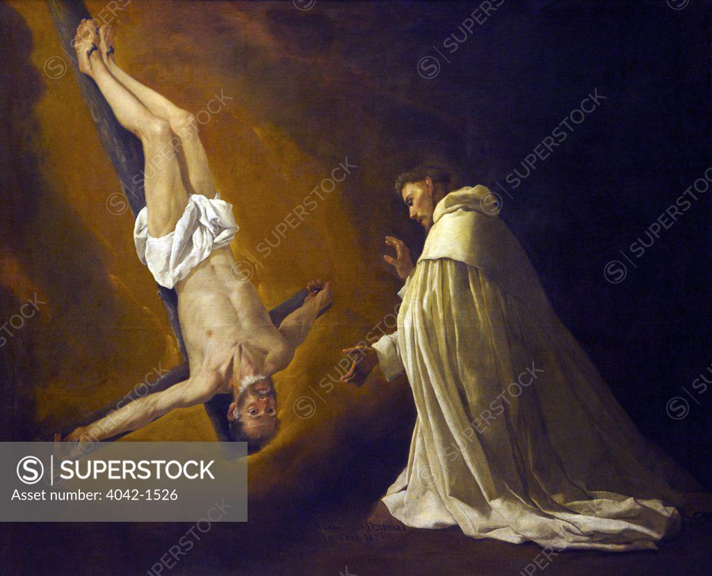 Stock Photo: 4042-1526 The Apparition of Apostle St Peter to St Peter of Nolasco by Francisco de Zurbaran, 1629, Spain, Madrid, Museo Nacional del Prado