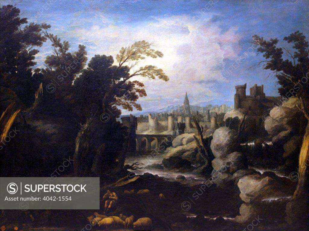 Stock Photo: 4042-1554 Landscape with a City by Francisco Collantes, 1634, Spain, Madrid, Real Academia de Bellas Artes