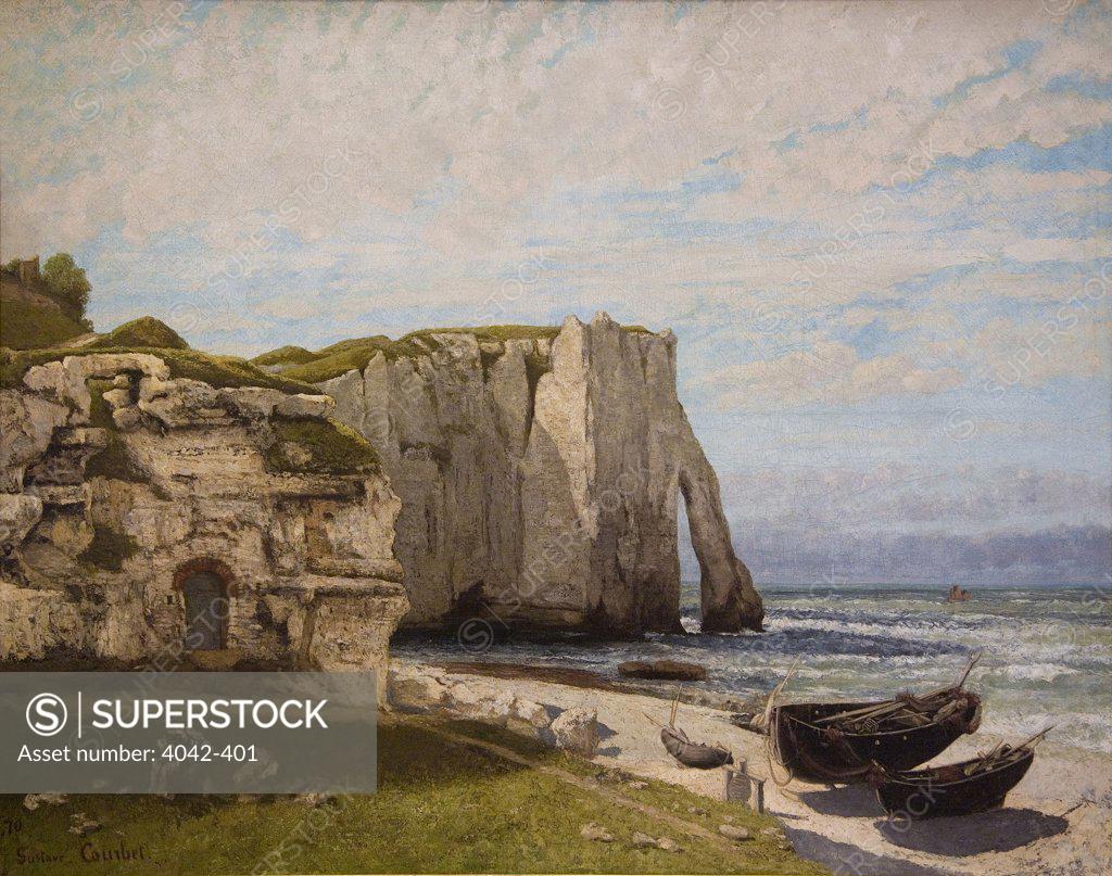 Stock Photo: 4042-401 Cliffs at Etretat after a storm by Gustave Courbet, oil on canvas, 1869, 1819?1877, France, Paris, Musee d'Orsay, 1889