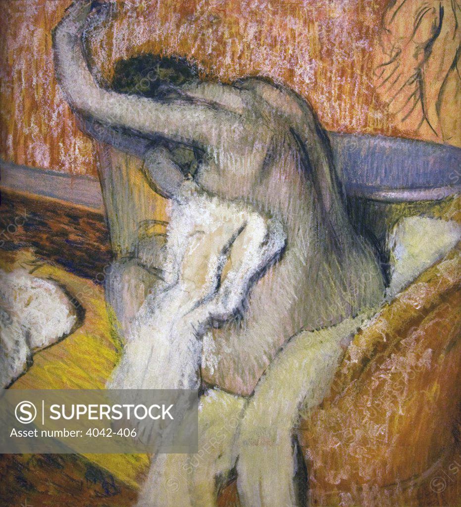Stock Photo: 4042-406 After Bath, Woman Drying Herself by Edgar Degas, pastel on paper, (1834-1917), UK, London, Courtauld Institute and Galleries, 1895-1900