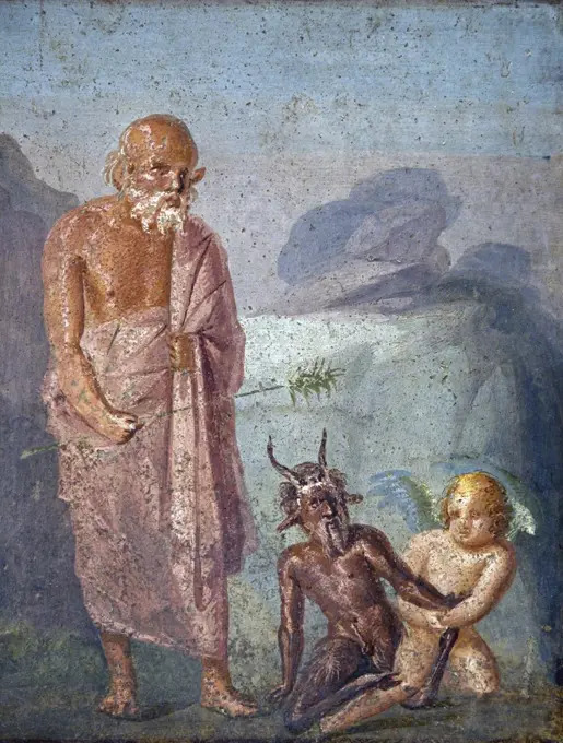 Fight between Cupid and Pan in presence of Silenos, fresco from Pompeii, Italy, Naples, Neapolitan National Archeological Museum