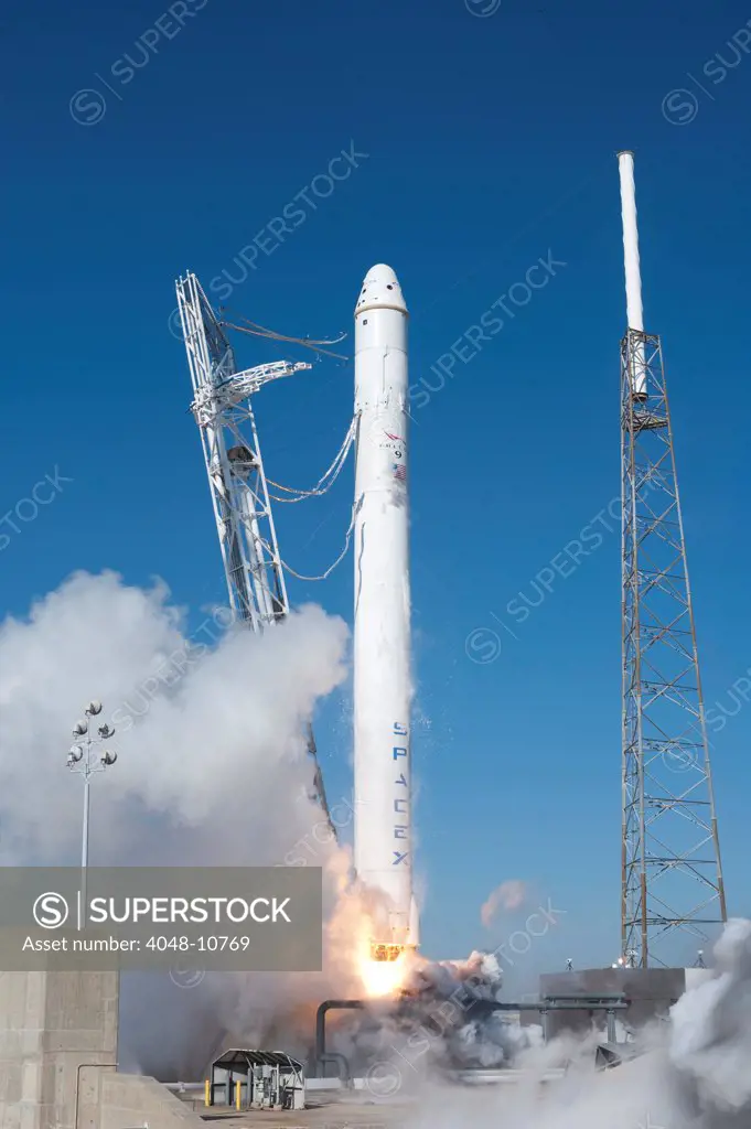 SpaceX’s Falcon 9 rocket and Dragon spacecraft lift off from Cape Canaveral Air Force Station. The Dragon spacecraft completed two orbits, then splashed down in the Pacific Ocean. SpaceX is the first commercial company to successfully return a spacecraft from orbit. Dec. 8, 2010.