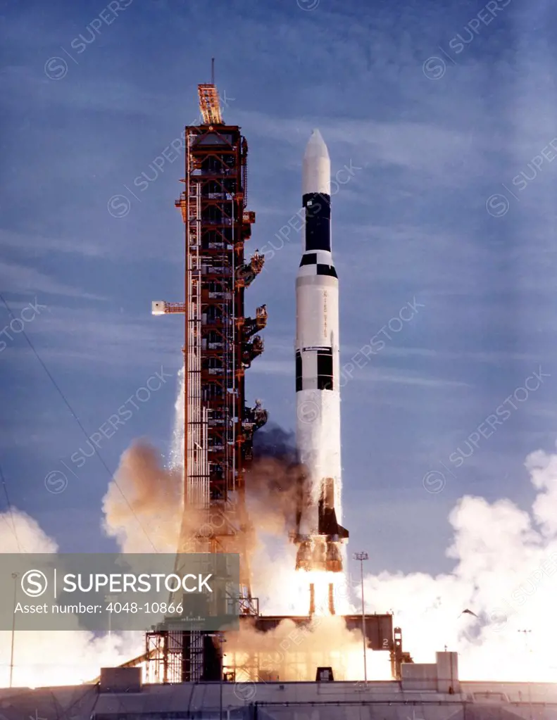 Launch of Skylab on a two-stage Saturn V missile. The unmanned launch carried the Worlds first space station into Earth Orbit. May 14, 1973.