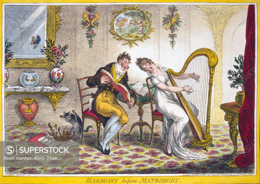 Stock Photo: 4048-5566 Harmony before Matrimony. A young woman and a fashionably dressed young man singing a duet. The woman plays a harp while looking over her shoulder at the music book, 'Duets de L'Amour', which the man holds. Engraving by Gillray 1805.