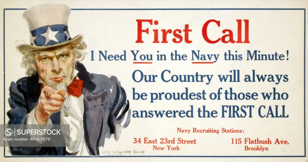 Uncle Sam, 'First Call' US Navy recruiting poster by James Montgomery Flagg, 1917