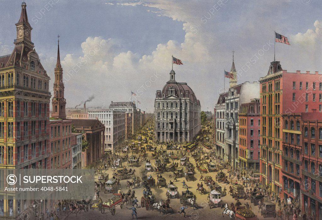 Stock Photo: 4048-5841 1875 view to the north of New York City's Broadway and Park Row, from the Financial District. In the center is the U.S. Post Office (now demolished and replaced with City Hall Park) and at left, the still standing, St. Paul's Chapel. Lithograph by Currier & Ives.