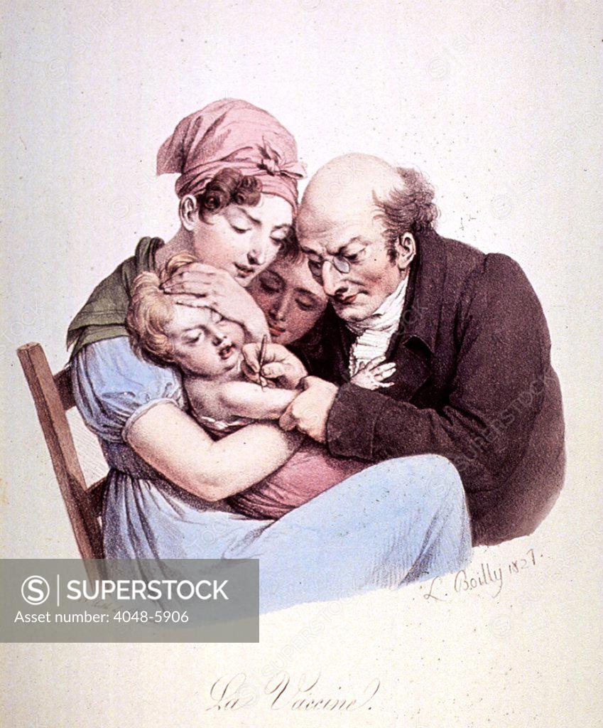 Stock Photo: 4048-5906 A physician inoculating a young child against smallpox while held in the arms of its mother. 1827 print by Louis Leopold Boilly.