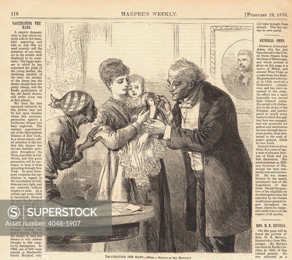 Stock Photo: 4048-5907 Vaccinating the baby against smallpox in New York ca. 1870. The baby is held by its mother as an African American women observes with concern. Wood engraving from HARPER'S WEEKLY.