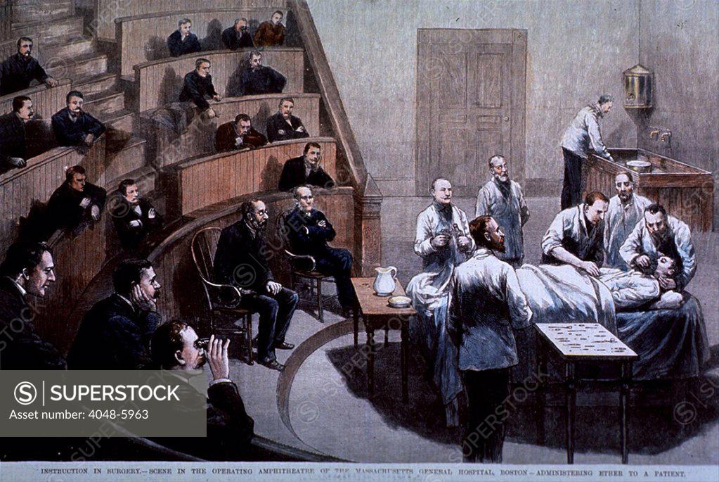 Stock Photo: 4048-5963 Operating room amphitheater of the Massachusetts General Hospital, Boston. A patient is receiving ether anesthesia as doctors and students observe. 1888.