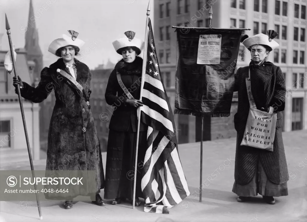 The Suffrage Hike of 1912 from Manhattan to Albany was staged to bring attention to issue of women's suffrage. Its organizer, Rosalie Gardiner Jones, poses with others in NYC to promote the hike. Photo shows women suffrage hikers Jessie Stubbs, General Rosalie Jones, and Colonel Ida Craft.